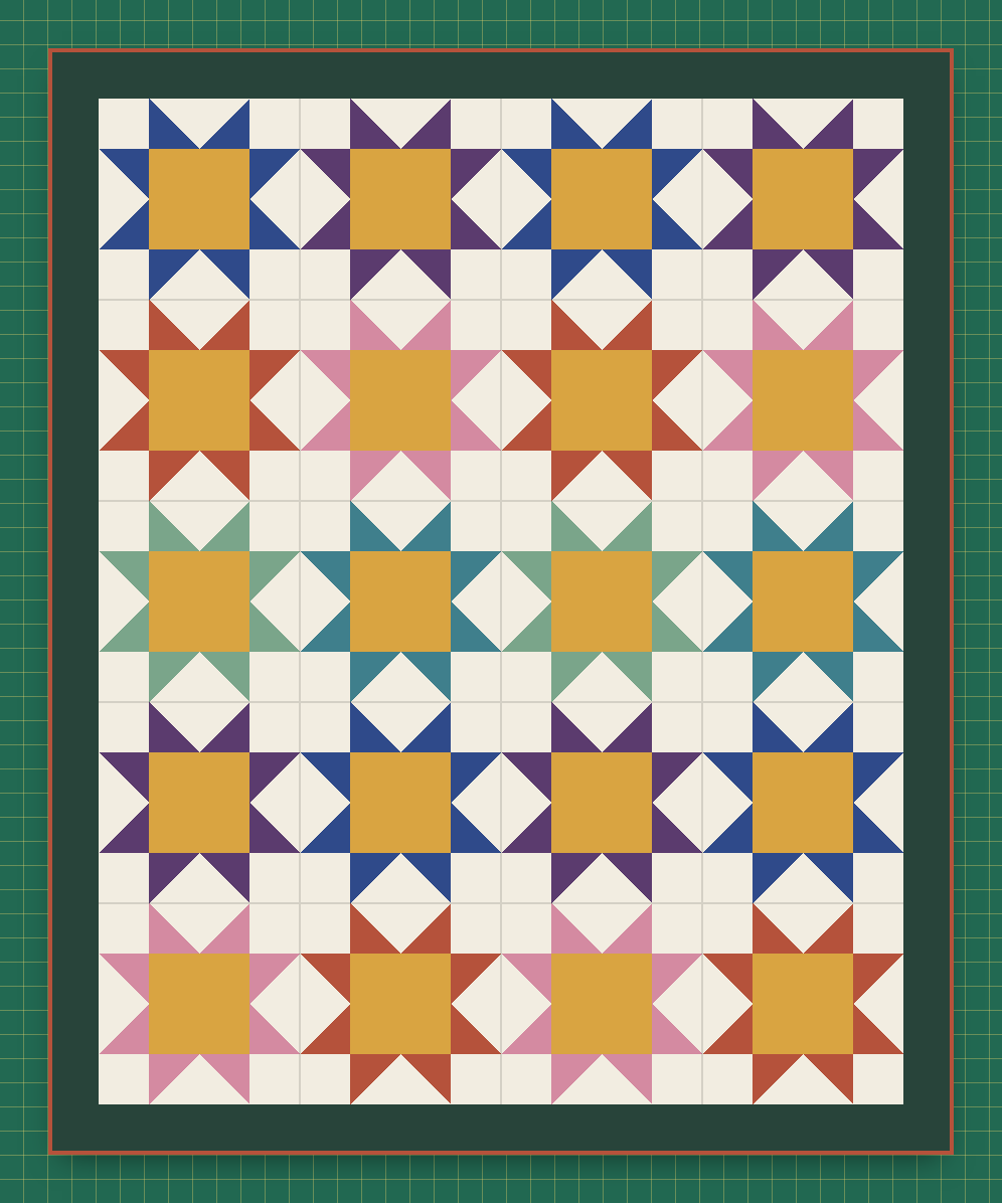 A sawtooth star throw quilt drawn by Quilt to Size, on a green cutting mat